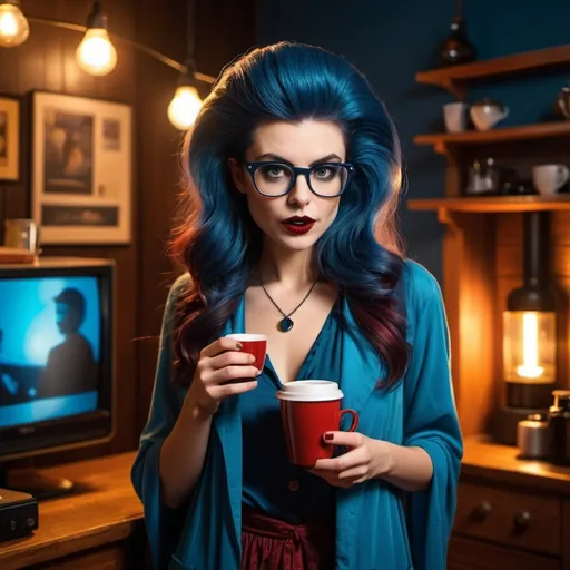 Prompt: a hipster lady vampire getting dressed for a nightly prowl, very hipster, from Australia, likes coffee, loves the tv show Bluey down to earth, girl next door, very Australian