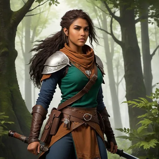 Prompt: The youngest daughter of Aelar Wolfsblood, the Lord of Wolves, is named “Du’arthra Wolftide." Du’arthra is known for her adventurous spirit and fierce independence. She often roams the forests surrounding Irontree, exploring the untamed wilderness of the Feywild and honing her skills as a ranger and tracker. Despite her free-spirited nature, Du’arthra remains fiercely loyal to her family and the city of Irontree, ready to defend it against any threat that may arise. Full body, curvy, medium skintone. Tomboy