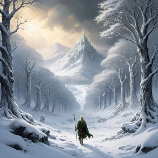 Prompt: The cover of a novel, The plain of Rohan meeting the edge of the forest of Lothlorien on Parth Celebrant, deep winter, heavy snow drifts, blizzard