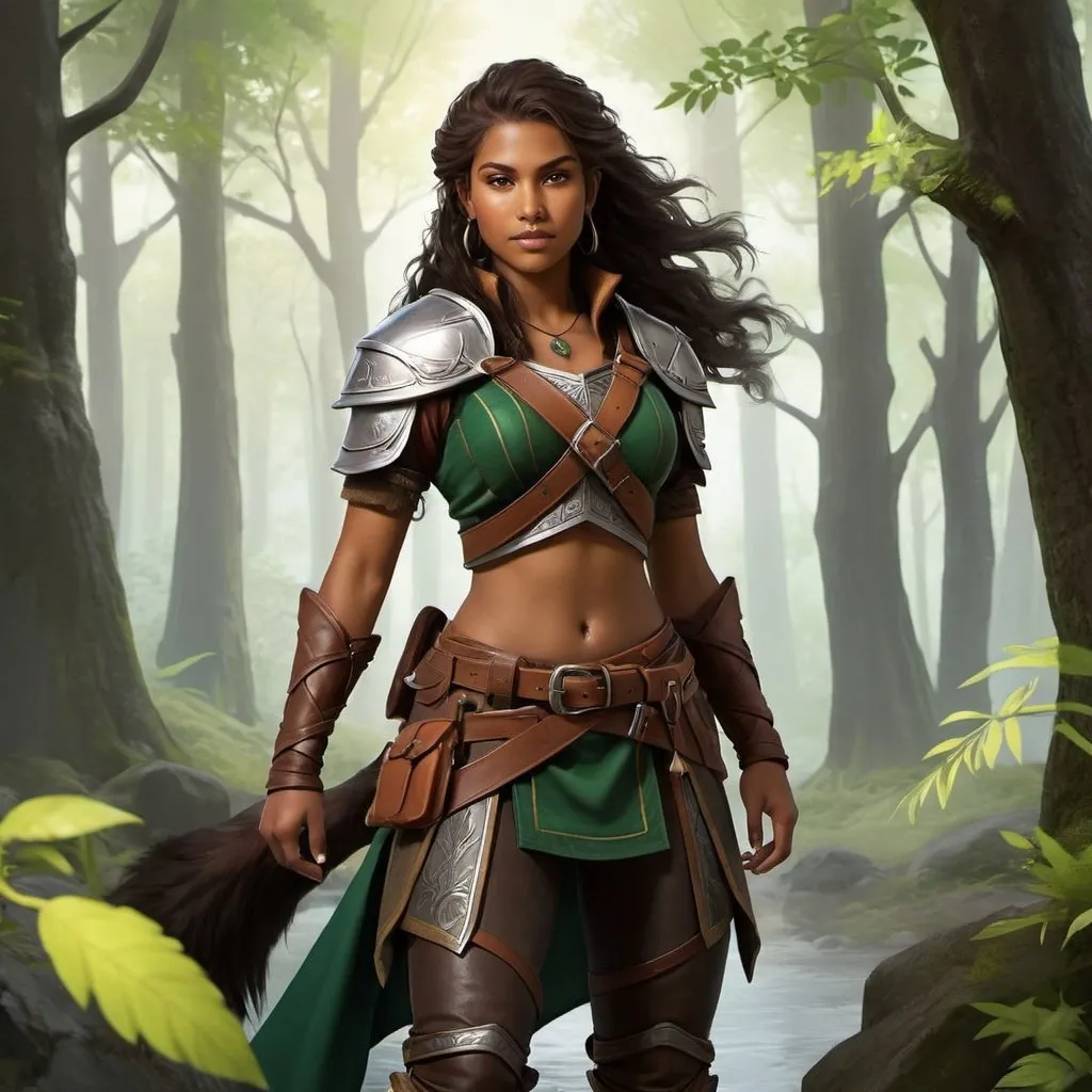 Prompt: The youngest daughter of Aelar Wolfsblood, the Lord of Wolves, is named “Du’arthra Wolftide." Du’arthra is known for her adventurous spirit and fierce independence. She often roams the forests surrounding Irontree, exploring the untamed wilderness of the Feywild and honing her skills as a ranger and tracker. Despite her free-spirited nature, Du’arthra remains fiercely loyal to her family and the city of Irontree, ready to defend it against any threat that may arise. Full body, curvy, medium skintone.