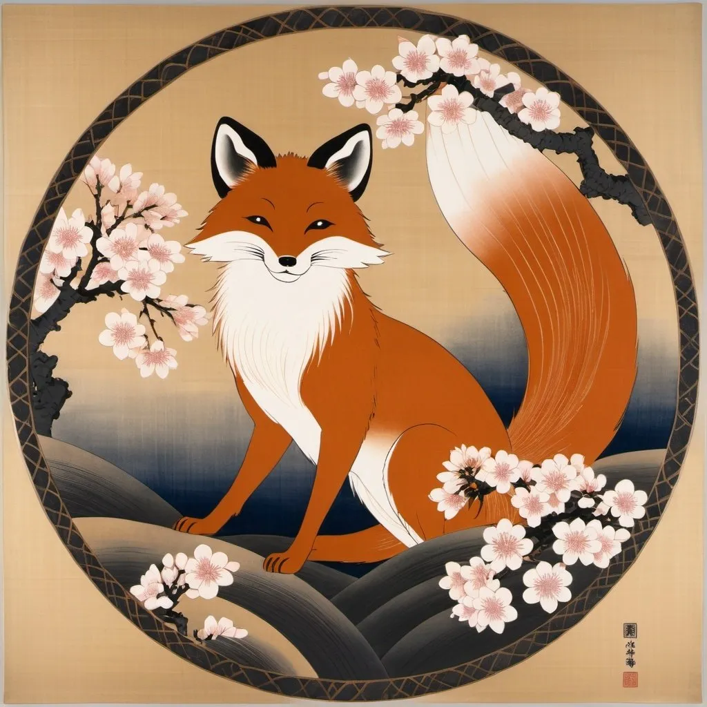 Prompt: Japanese painting, a stylized fox head with three upward-sweeping TAILS forming a fan-like pattern. The tails are adorned with motifs of rice stalks and sakura. Surrounding the fox head is a circular border with radiant beams extending outward.
A clean, symmetrical design with smooth, flowing lines. The fox head and tails are stylized but not overly detailed, with the focus on a harmonious and serene appearance. The rice stalks and sakura petals are subtly integrated into the tails