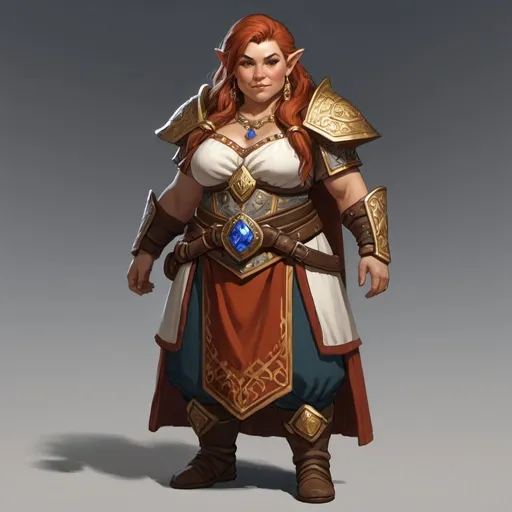 Prompt: A dwarf female, middle-aged, priestess of Moradin, proudly, haughty, cruel, full body