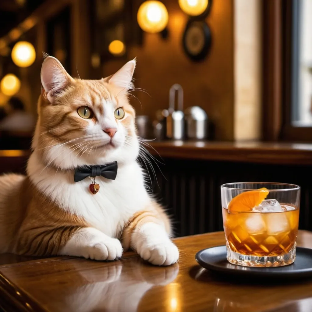 Prompt:  A cat enjoying an old fashioned at a sophisticated café.