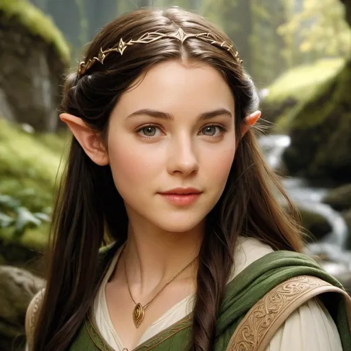 Prompt: Arwen Undomiel, elf princess of Rivendell, as a youth dressed in traveling clothes, 19 years old elf ears