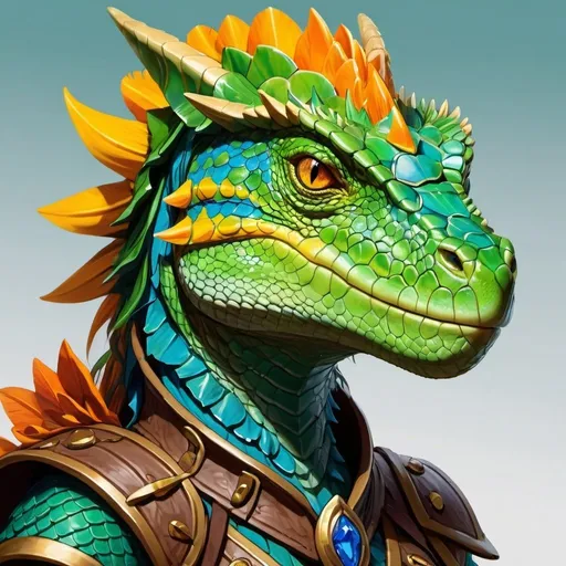 Prompt: dnd character portrait, lizardfolk, female, paladin, bright GREEN EYES, slit pupils, scales primarily bright blue-green with dark banding around the neck and vibrant patches of yellow and orange, frilled head crest, nature theme