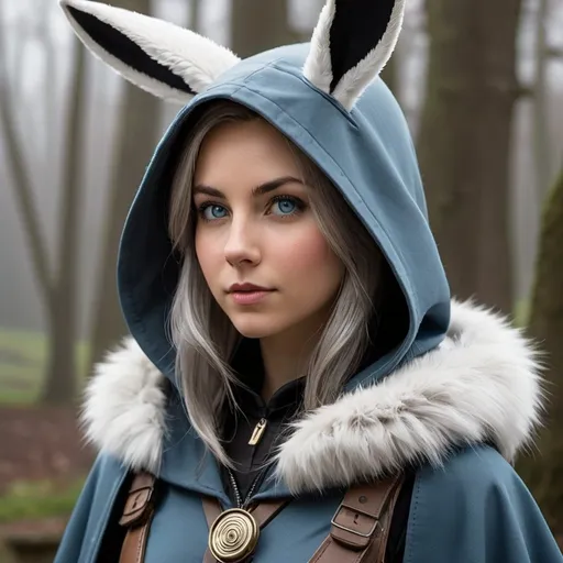 Prompt: Mist Silverbreeze - rabbitfolk, Strategist and Intel Gatherer: Lyra is a shrewd tactician with a keen mind for strategy and planning. She is responsible for gathering intelligence on the layout of the manor, analyzing guard patrols and security protocols, and devising the overall plan of attack. Her meticulous attention to detail ensures that every aspect of the heist is carefully orchestrated for maximum efficiency and success.
 - Physical Appearance: Mist is a slender and graceful hare with shimmering silver fur and piercing blue eyes.
   - Clothing and Gear: She wears a hooded cloak of dark grey, allowing her to blend into the shadows. Mist carries a small notebook for jotting down observations and a set of maps detailing the layout of the manor. Her gear also includes a set of throwing darts for self-defense.
No human ears