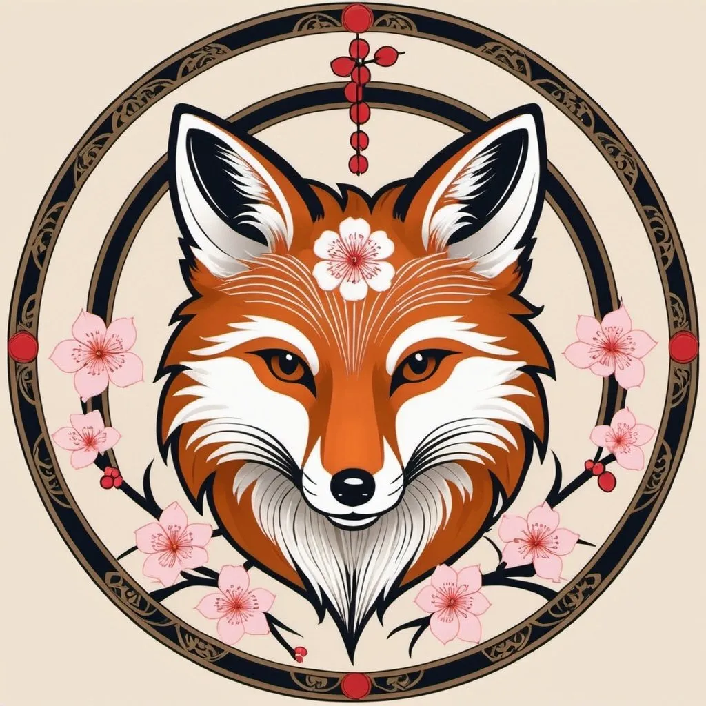 Prompt: The emblem of the Zenko Order features a stylized fox head with three upward-sweeping tails forming a fan-like pattern. The fox head is depicted in a serene and vigilant expression, symbolizing protection and guardianship. The tails are adorned with motifs of rice stalks and sakura (cherry blossom) petals, representing fertility, agriculture, and the natural beauty they safeguard. Surrounding the fox head is a circular border with radiant beams extending outward, signifying their connection to celestial and divine energies.
A clean, symmetrical design with smooth, flowing lines. The fox head and tails are stylized but not overly detailed, with the focus on a harmonious and serene appearance. The rice stalks and sakura petals are subtly integrated into the tails