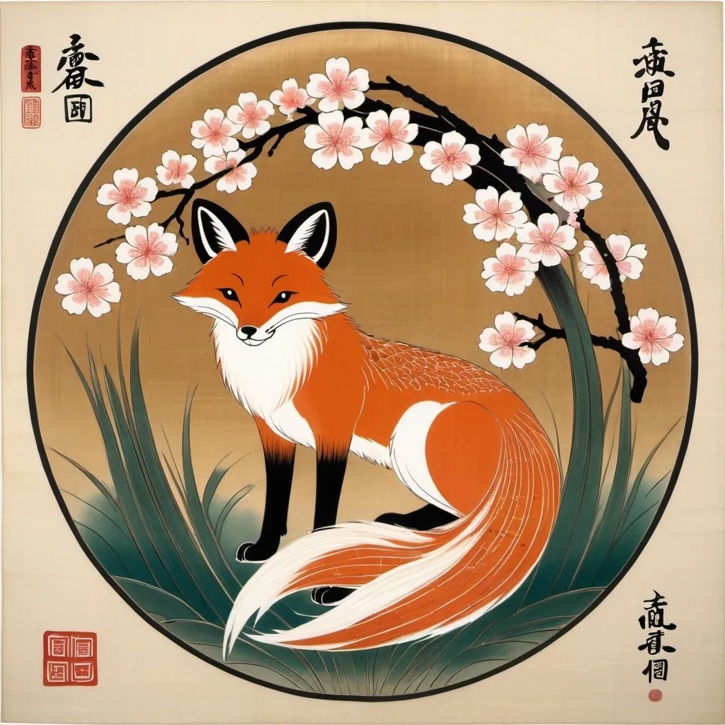 Prompt: Japanese painting, a stylized fox head with three upward-sweeping TAILS forming a fan-like pattern. The tails are adorned with motifs of rice stalks and sakura. Surrounding the fox head is a circular border with radiant beams extending outward.
A clean, symmetrical design with smooth, flowing lines. The fox head and tails are stylized but not overly detailed, with the focus on a harmonious and serene appearance. The rice stalks and sakura petals are subtly integrated into the tails