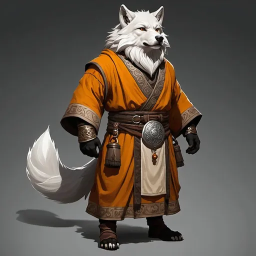 Prompt: A wolf-dwarf hybrid, bipedal, monk robes