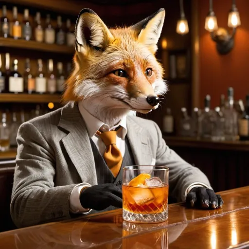 Prompt: A fox enjoying an old fashioned at a sophisticated bar.