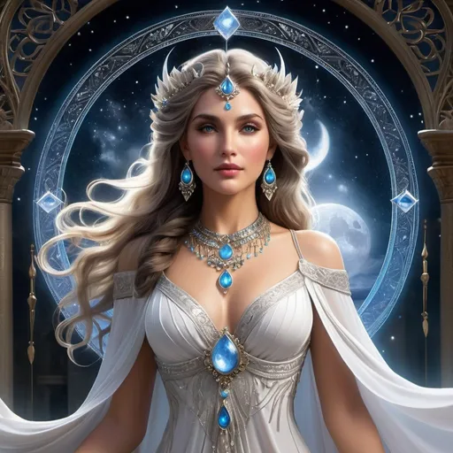 Prompt: "Craft an exquisite digital artwork capturing the regal presence of Lady Selene, matriarch of the noble house ruling over the Feywild city of Irontree. Envision her amidst the moonlit splendor of the Feywild, her aura suffused with an otherworldly grace and authority. Render her with an air of serene elegance, her features exuding a timeless beauty that speaks of wisdom and power. Portray her with an imperious gaze, her eyes reflecting the silvery light of the moon with a hypnotic allure. Picture her draped in flowing garments of opulent fabrics, adorned with intricate patterns and symbols that hint at her connection to the mystical forces of the Feywild. Surround her with elements of nature and magic, such as shimmering moonbeams and ethereal wisps of mist, that accentuate her divine presence. Let the artwork evoke the ethereal beauty and majestic poise of Lady Selene, capturing her as a luminous figure amidst the enchanting landscape of the Feywild."