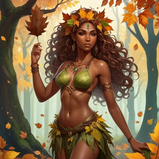 Prompt: a full body image of beautiful forest dryad with brown skin, D&D 5e dryad, she has autumn leaves for hair