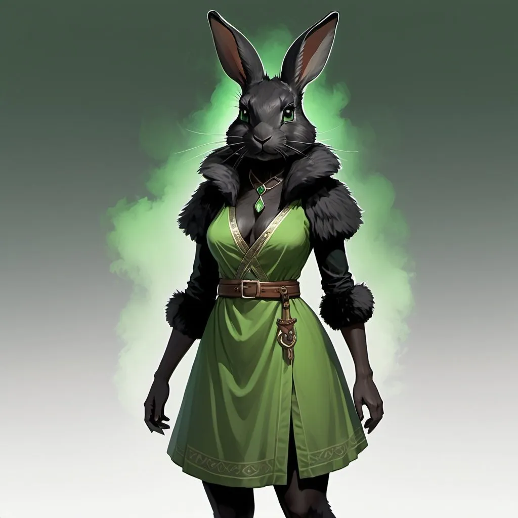 Prompt: A full body image of a female rabbitfolk, lean, sleek black fur, sharp eyes, low cut green dress over a white tunic, short skirt, D&D 5e haregon