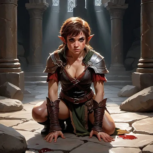 Prompt: a halfling woman dressed in leather kneels on a rough stone floor, she is bruised, and bloody, HER HANDS ARE TIED IN FRONT OF HER, she looks up pleadingly, a muscular half-elf looms behind her.