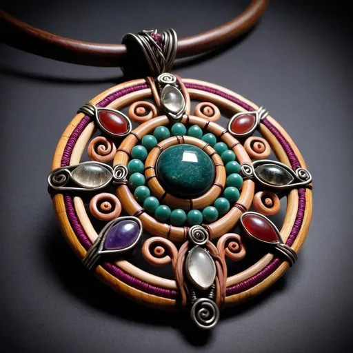 Prompt: a mystical pendant made by the harengon from woven wood and gemstones, exudes mystical feywild power.