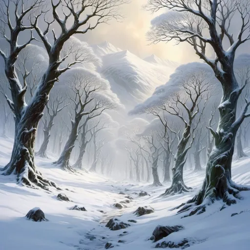 Prompt: The plain of Rohan meeting the edge of the forest of Lothlorien on Parth Celebrant, deep winter, heavy snow drifts, blizzard