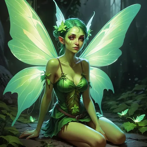 Prompt: a dnd 5e fairy with very sick with radiation poisoning, rotting, diseased