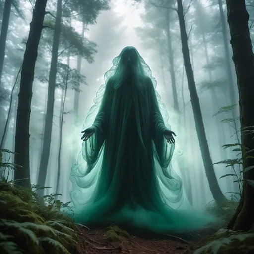 Prompt: The hazy outline of a spirit made from undulating mist set in a dense forest, fantasy