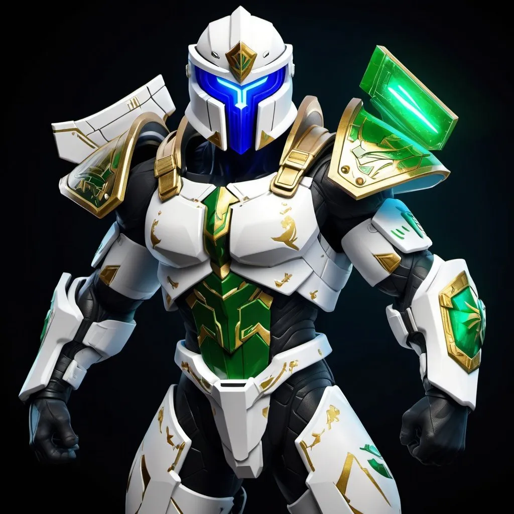 Prompt: Spartan-IV Mjolnir armor, gen 3 Mjolnir, heavy dragon theme, sleek and angular, White, blue and gold accents, glowing lights, green lights, magic runes, glowing runes, heavy on the Halo influence, no horns, Mjolnir style helm, holding a rifle, MA5C rifle