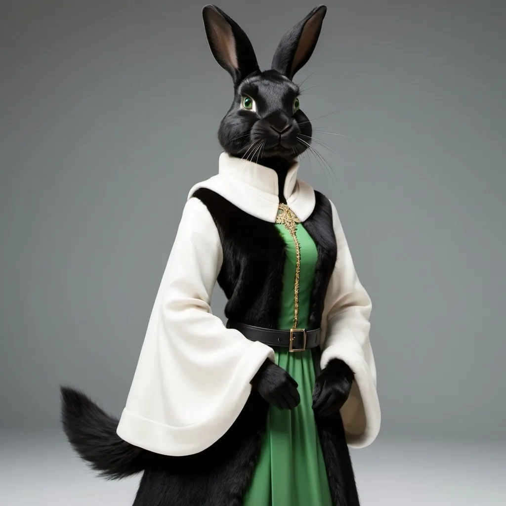 Prompt: A full body image of a female rabbitkin, lean, sleek black fur, sharp eyes, green dress over a white tunic