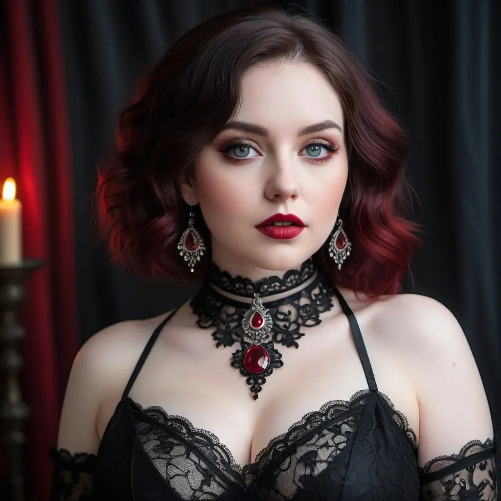 Prompt: A full body image of a beautiful and alluring female darkling, curvy, pale skin, black lace choker adorned with a single blood-red ruby, full body, very curvy, mature, smoldering red eyes