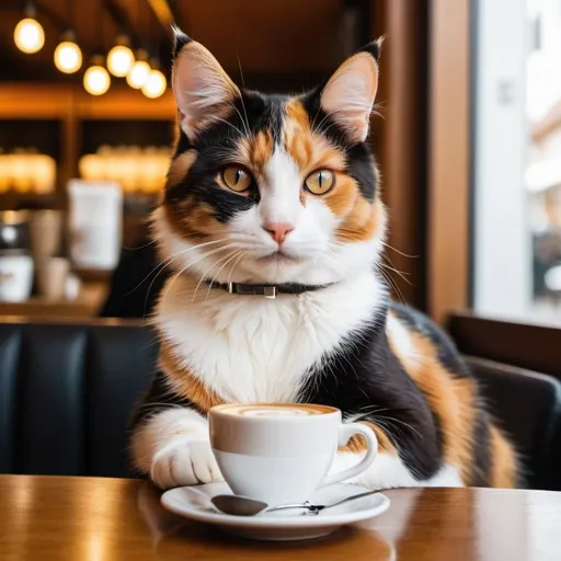 Prompt:  A calico cat enjoying a coffee at a sophisticated café.