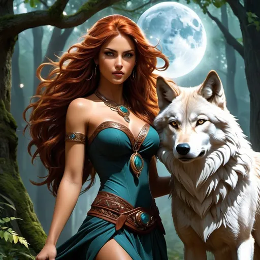 Prompt: "Craft an evocative digital artwork featuring Du'arthra, daughter of Lord Aelar, amidst the mystical realm of Irontree, infused with wolf imagery. Envision her amidst the untamed beauty of the Feywild, her medium skin tone glowing beneath the moonlit canopy of ancient trees. Render her with an athletic yet well-curved figure, exuding strength and vitality reminiscent of a prowling she-wolf. Portray her auburn hair flowing like a fiery mane, echoing the wild spirit of the wolf. Let her amber eyes gleam with the fierce intelligence and cunning of a predator, surveying her surroundings with a mixture of determination and mischief. Surround her with elements of nature and magic intertwined with wolf symbolism, such as swirling patterns of energy reminiscent of a wolf's howl, or ethereal wolf spirits running alongside her. Capture the essence of Du'arthra's untamed spirit and fierce independence, embodying the primal beauty of the wolf within the enchanted landscape of the Feywild."