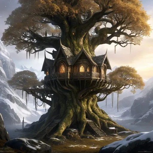 Prompt: A galadhrim outpost high in a mallorn tree at the edge of Lothlorien, early winter