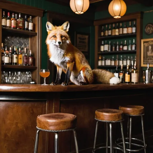 Prompt: A fox sitting on a barstool in front of a bar at a sophisticated bar. There is an old fashioned on the bar.