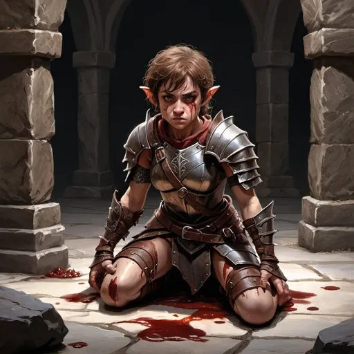 Prompt: a halfling woman dressed in leather armor kneels on a rough stone floor, she is bruised, and bloody, her hands are bound, she looks up pleadingly, a muscular half-elf looms behind her.