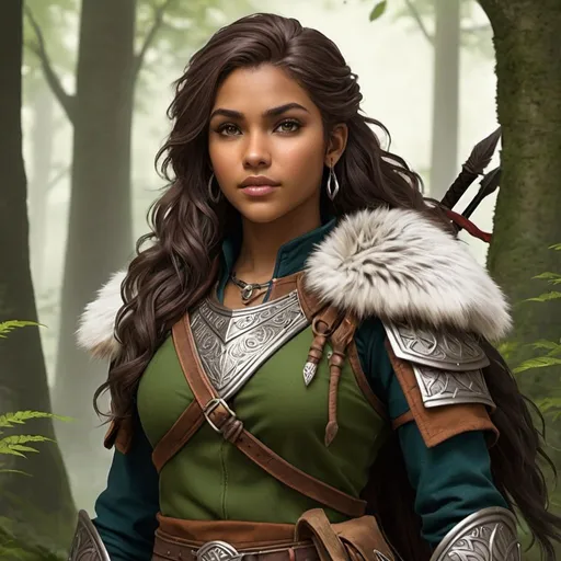 Prompt: The youngest daughter of Aelar Wolfsblood, the Lord of Wolves, is named “Du’arthra Wolftide." Du’arthra is known for her adventurous spirit and fierce independence. She often roams the forests surrounding Irontree, exploring the untamed wilderness of the Feywild and honing her skills as a ranger and tracker. Despite her free-spirited nature, Du’arthra remains fiercely loyal to her family and the city of Irontree, ready to defend it against any threat that may arise. Full body, curvy, medium skintone.