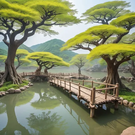 Prompt: a large hotspring pond, island in the middle of the pond, huge ancient flowering tree growing on the island, rope bridges to island, Korean style