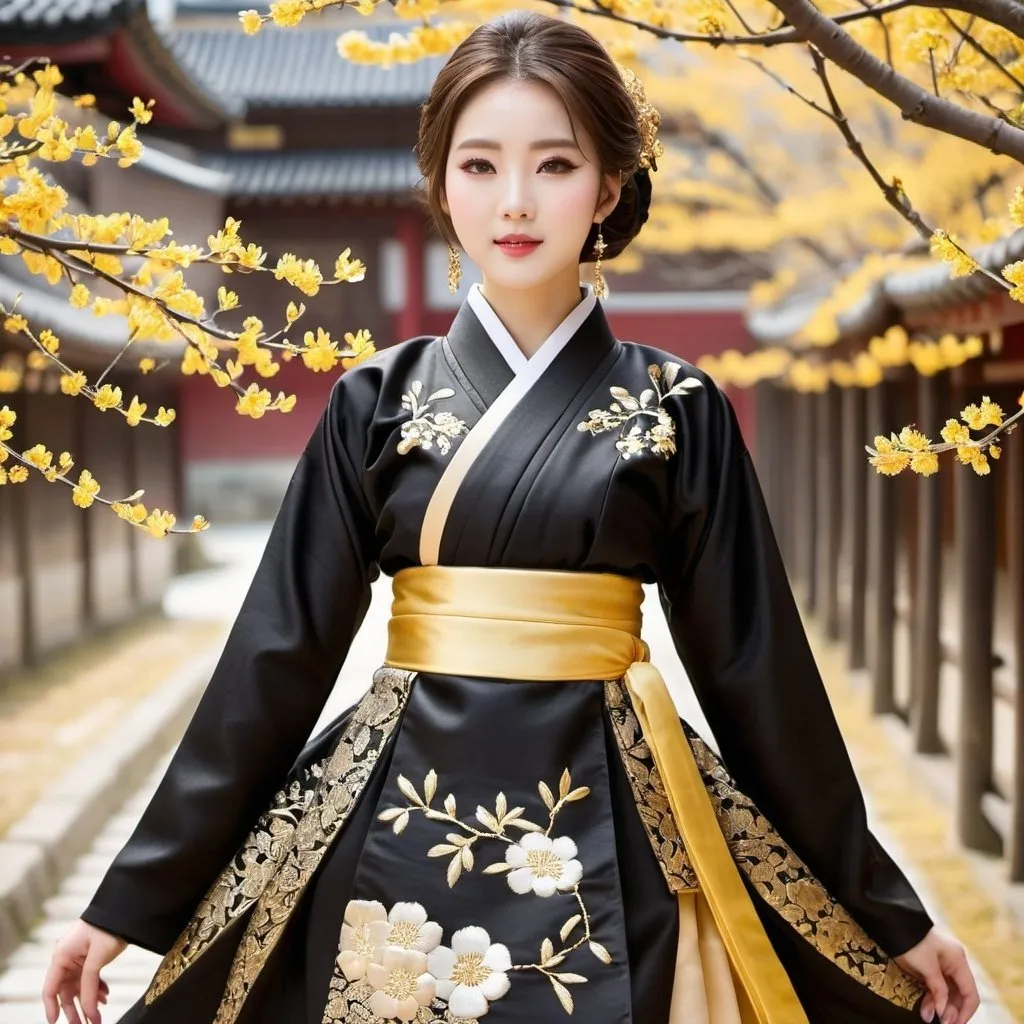 Prompt: An elegant black and gold hanbok embroidered with gold plum blossoms, gisaeng, very elegant, curvy 