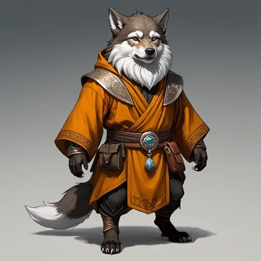 Prompt: A dwarf-wolf hybrid, bipedal, monk robes