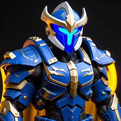 Prompt: Spartan-IV Mjolnir armor, gen 3 Mjolnir, heavy dragon theme, sleek and angular, blue, white and gold accents, glowing lights, green lights, heavy on the Halo influence, no horns, Mjolnir style helm with silver faceplate., Halo style