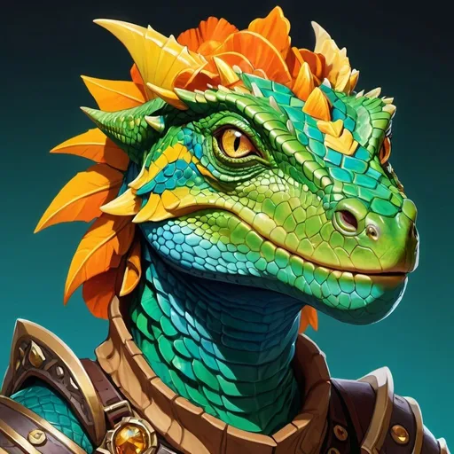 Prompt: dnd character portrait, lizardfolk, female, paladin, bright green eyes, slit pupils, scales primarily bright blue-green with dark banding around the neck and vibrant patches of yellow and orange, frilled head crest