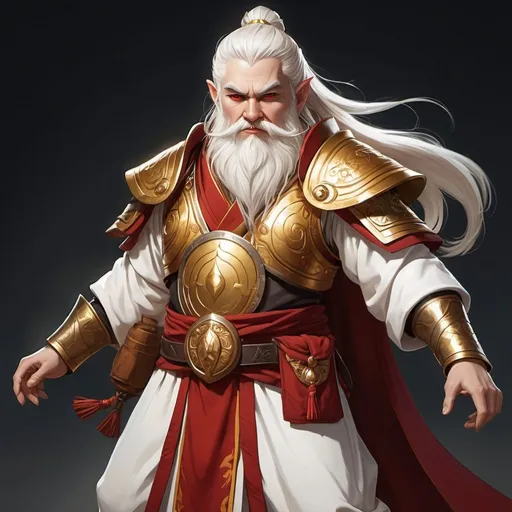 Prompt: Full body image, an androgynous dwarf clad in serene robes of a martial design, the androgynous dwarf has golden eyes and sharp fangs, white hair streaked with red, androgynous, teeth bared, eyes glowing golden