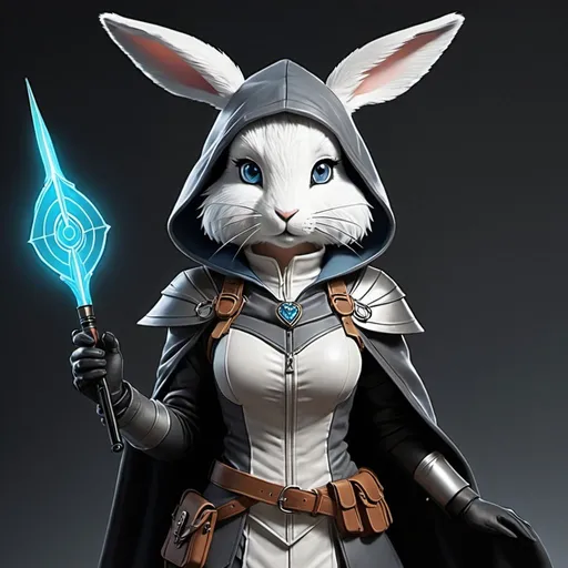 Prompt: Mist Silverbreeze - rabbitfolk, Strategist and Intel Gatherer: Lyra is a shrewd tactician with a keen mind for strategy and planning. She is responsible for gathering intelligence on the layout of the manor, analyzing guard patrols and security protocols, and devising the overall plan of attack. Her meticulous attention to detail ensures that every aspect of the heist is carefully orchestrated for maximum efficiency and success.
 - Physical Appearance: Mist is a slender and graceful hare with shimmering silver fur and piercing blue eyes.
   - Clothing and Gear: She wears a hooded cloak of dark grey, allowing her to blend into the shadows. Mist carries a small notebook for jotting down observations and a set of maps detailing the layout of the manor. Her gear also includes a set of throwing darts for self-defense.
No human ears