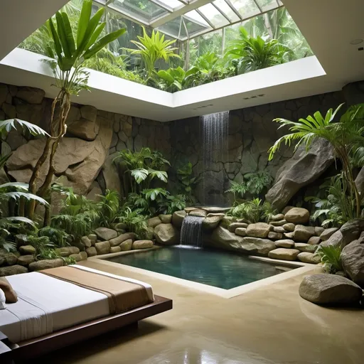 Prompt: A tropical bedroom, plants, rocks, water feature, humid, rock walls, trees, pond, jungle