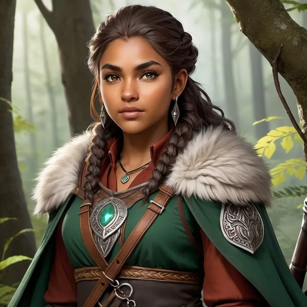 Prompt: The youngest daughter of Aelar Wolfsblood, the Lord of Wolves, is named “Du’arthra Wolftide." Du’arthra is known for her adventurous spirit and fierce independence. She often roams the forests surrounding Irontree, exploring the untamed wilderness of the Feywild and honing her skills as a ranger and tracker. Despite her free-spirited nature, Du’arthra remains fiercely loyal to her family and the city of Irontree, ready to defend it against any threat that may arise. Full body, curvy, medium skintone.