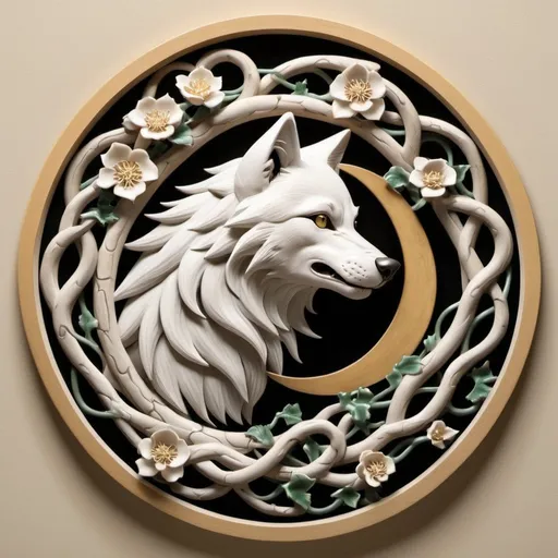 Prompt: Japanese-style house crest, a wolf, a crescent moon, encircled by three entwined vines.