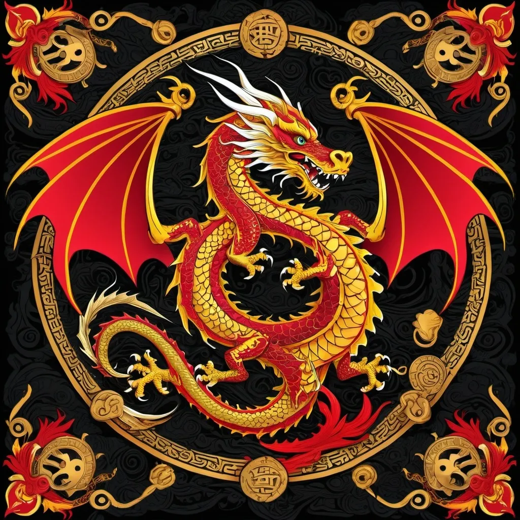 Prompt: A pirate flag for a fantasy setting featuring a stylized Asian dragon in addition to pirate motifs. Red, gold, and black.