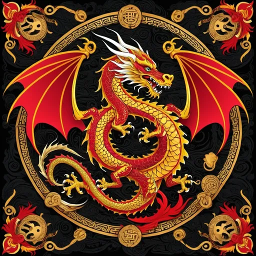 Prompt: A pirate flag for a fantasy setting featuring a stylized Asian dragon in addition to pirate motifs. Red, gold, and black.