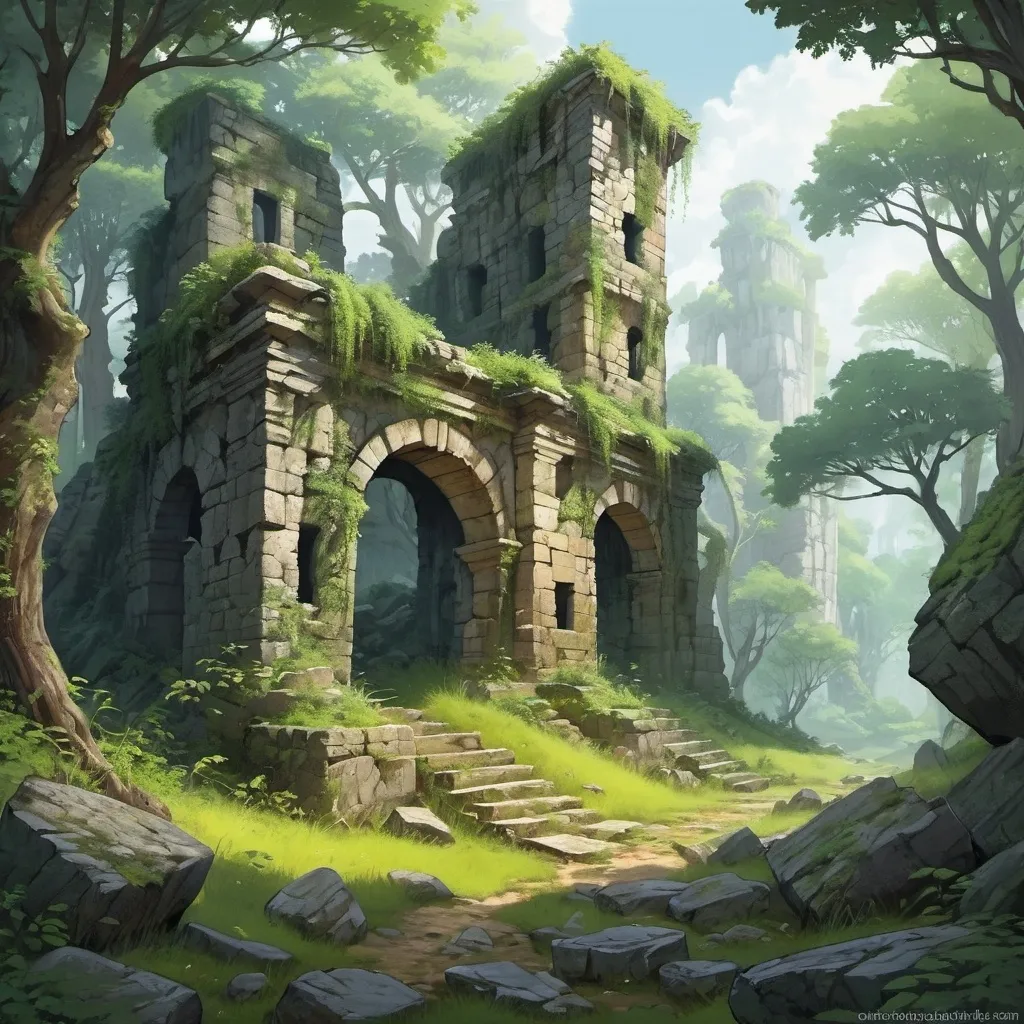 Prompt: Crumbling stone ruins overgrown by forest, crumbling ruins, broken stone, trees, undergrowth, hilly terrain, rocks, boulders, shady forest, fantasy