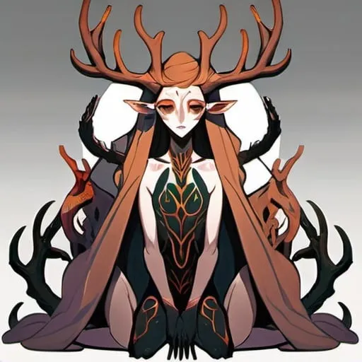 Prompt: Nyalgorthos, genderless, lord of stags, eldritch archfey, full body pose