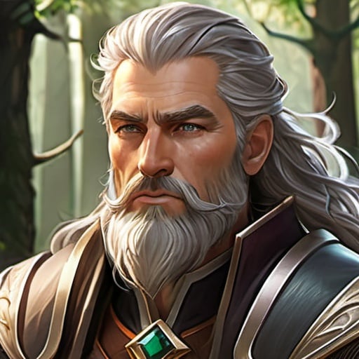 Prompt: "Craft a commanding digital portrait of Lord Aelar, ruler of the Feywild city of Irontree, highlighting his middle-aged presence, distinguished silver hair and beard, medium skin tone, and rugged, fierce handsomeness. Envision him standing amidst the ancient trees of the enchanted forest, his imposing figure exuding an aura of strength and authority. Render his features with a rugged yet chiseled appearance, his jawline defined and his gaze intense, reflecting a potent blend of rugged charm and fierce determination. Picture him clad in regal attire that accentuates his muscular physique, his cloak billowing around him as he commands the attention of all who behold him. Highlight the silver streaks in his hair and beard, symbols of his experience and maturity, gleaming in the dappled light of the Feywild. Surround him with elements of nature and magic, such as swirling patterns of enchanted energy or the soft glow of luminescent fungi, that accentuate his connection to the mystical forces of the forest. Let the artwork capture the essence of Lord Aelar's middle-aged majesty and rugged handsomeness, embodying his strength, wisdom, and enduring legacy within the enchanted landscape of the Feywild."