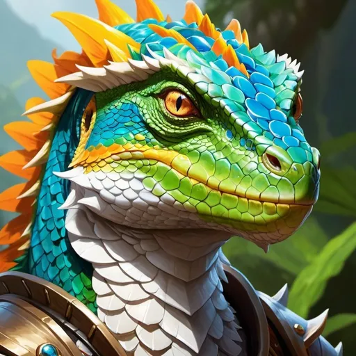 Prompt: dnd character portrait, lizardfolk, female, paladin, bright GREEN EYES, slit pupils, white scales, scales primarily bright blue-green with dark banding around the neck and vibrant patches of yellow and orange, frilled head crest, nature theme