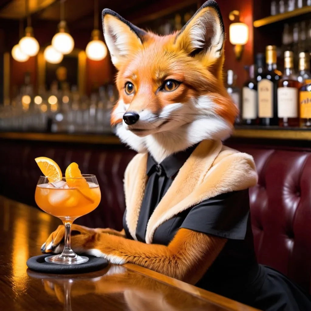 Prompt:  A she-fox enjoying an old fashioned at a sophisticated bar.