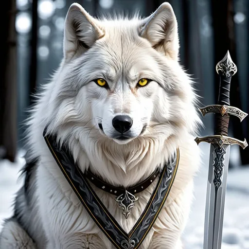 Prompt: The spirit of this sword resembles a female wolf with silver-grey fur and yellow eyes. Moonbite is calm and calculating, with a demeanor as cold as the winter's frost. It speaks with a chilling and reserved voice, offering strategic counsel and encouraging patience and precision in battle