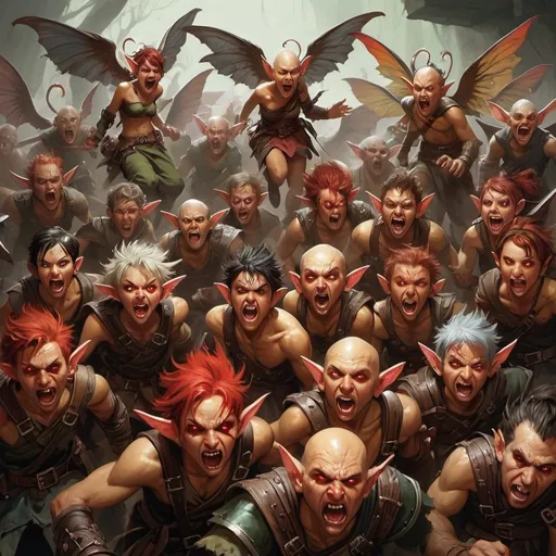 Prompt: A horde of DnD pixies, pixies are half-mad from radiation poisoning, ragged clothes, sick, wild hair, bleeding sores, torn skin, crazy wild eyes, horror, fear, insanity, anger, torn and ragged pixie wings